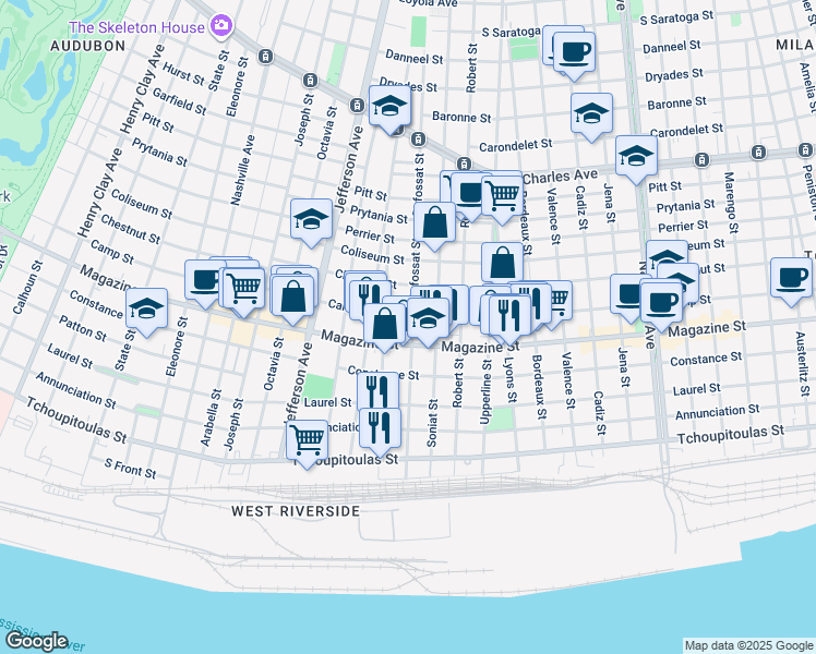 map of restaurants, bars, coffee shops, grocery stores, and more near 924 Dufossat Street in New Orleans