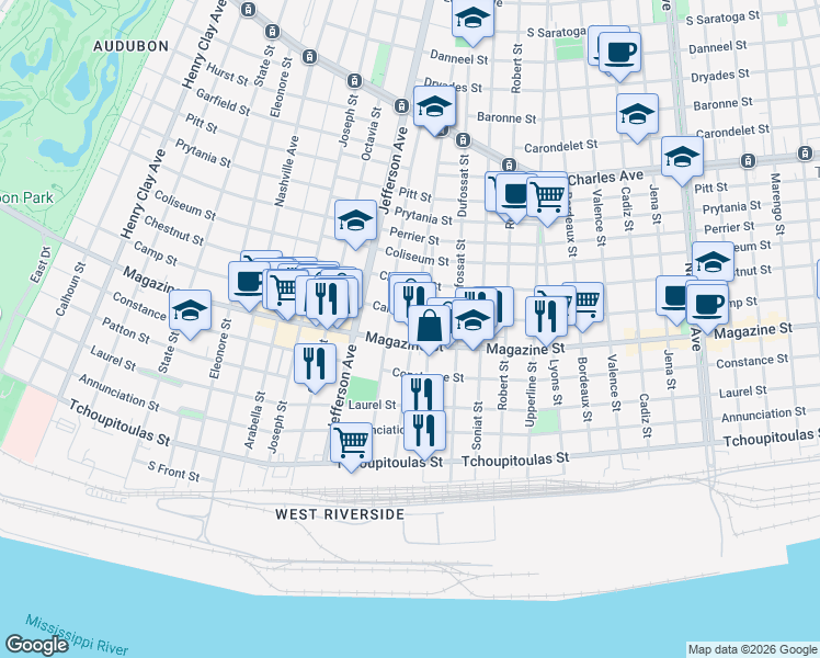 map of restaurants, bars, coffee shops, grocery stores, and more near 5253 Magazine Street in New Orleans