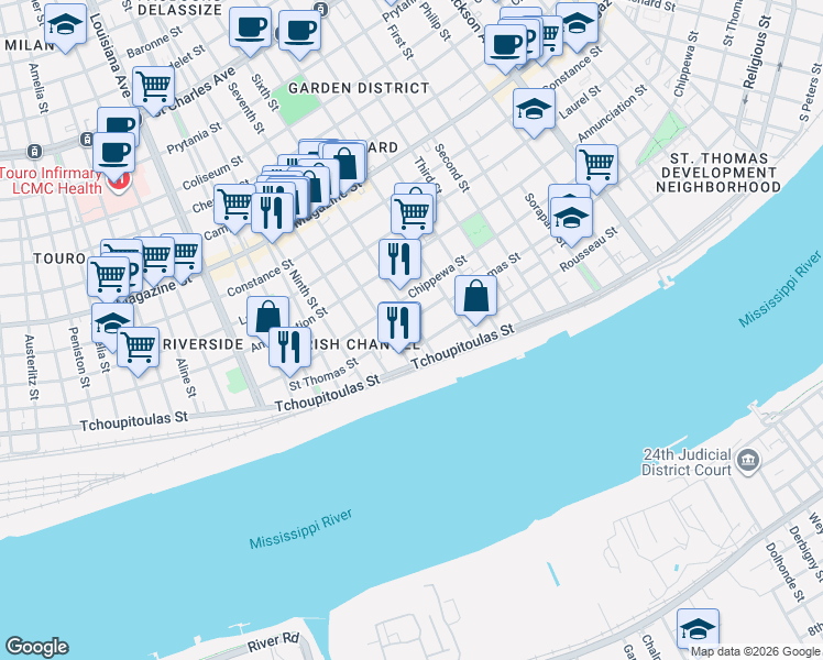 map of restaurants, bars, coffee shops, grocery stores, and more near 425 Seventh Street in New Orleans