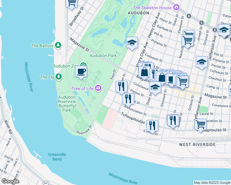 map of restaurants, bars, coffee shops, grocery stores, and more near 6303 Laurel Street in New Orleans