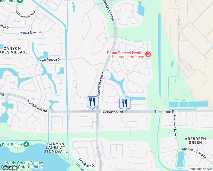 map of restaurants, bars, coffee shops, grocery stores, and more near 16506 Adobe Circle in Houston