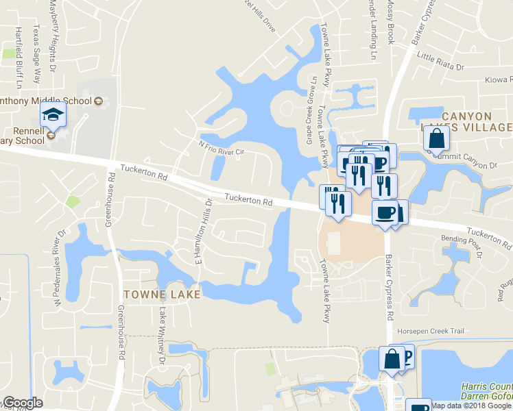 map of restaurants, bars, coffee shops, grocery stores, and more near 18711 San Saba Creek Circle in Cypress