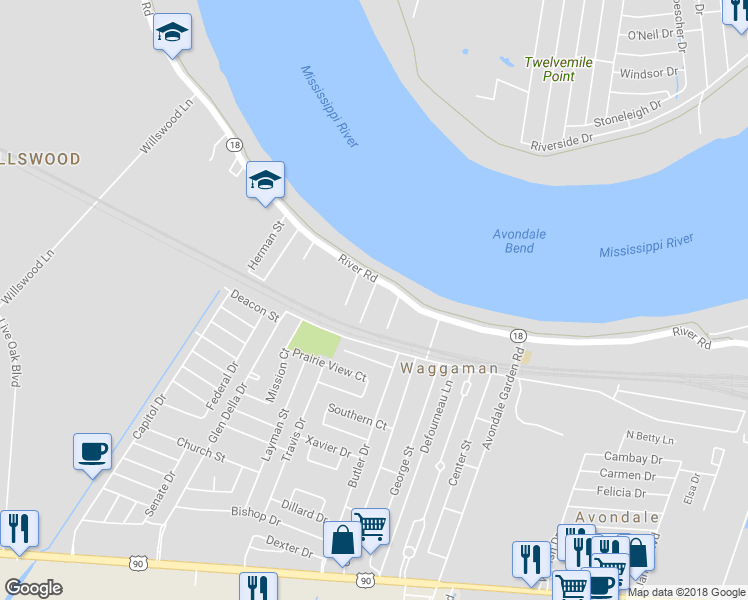 map of restaurants, bars, coffee shops, grocery stores, and more near 143 Waggaman Road in Westwego