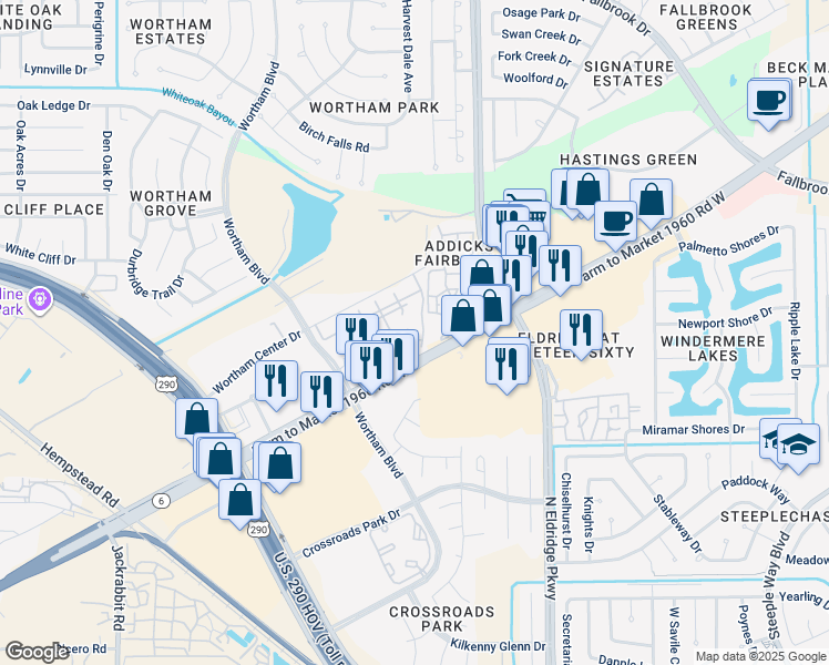 map of restaurants, bars, coffee shops, grocery stores, and more near 10225 Wortham Boulevard in Houston