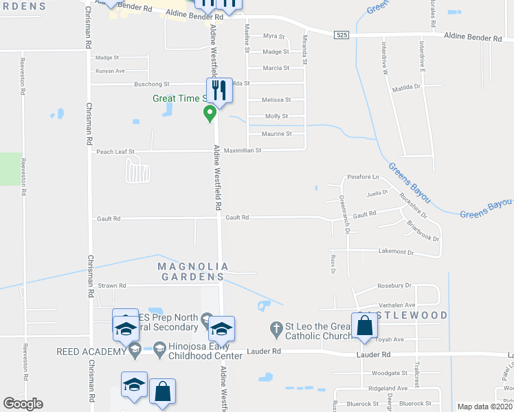 map of restaurants, bars, coffee shops, grocery stores, and more near 2111 Gault Road in Houston