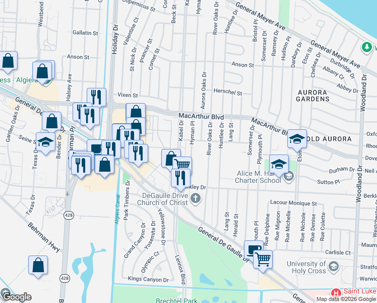 map of restaurants, bars, coffee shops, grocery stores, and more near 3301 Hyman Place in New Orleans