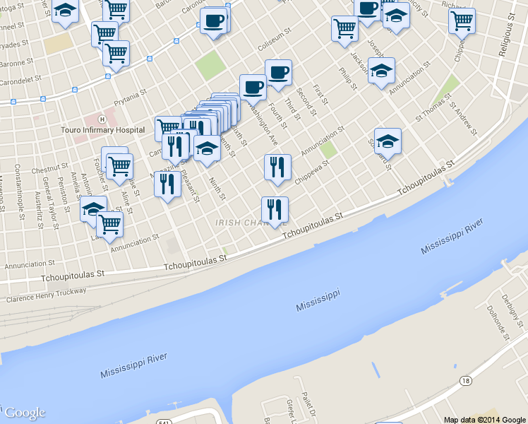 map of restaurants, bars, coffee shops, grocery stores, and more near in New Orleans