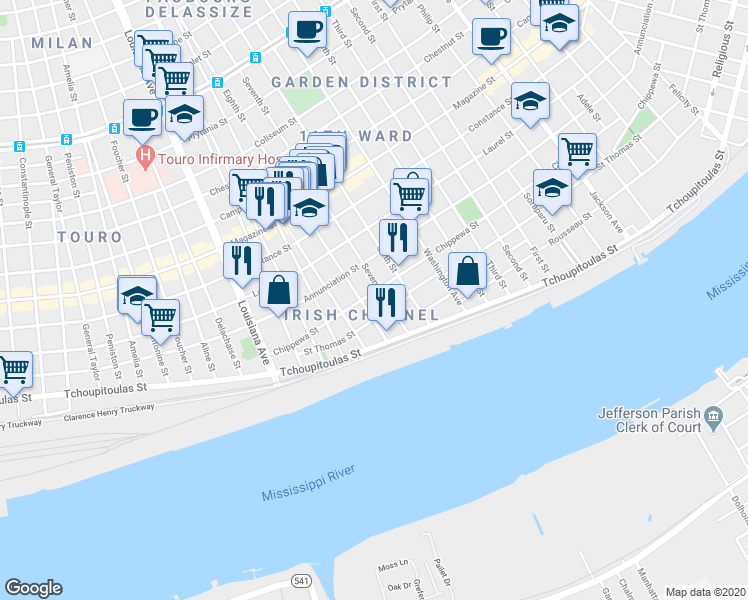 map of restaurants, bars, coffee shops, grocery stores, and more near in New Orleans