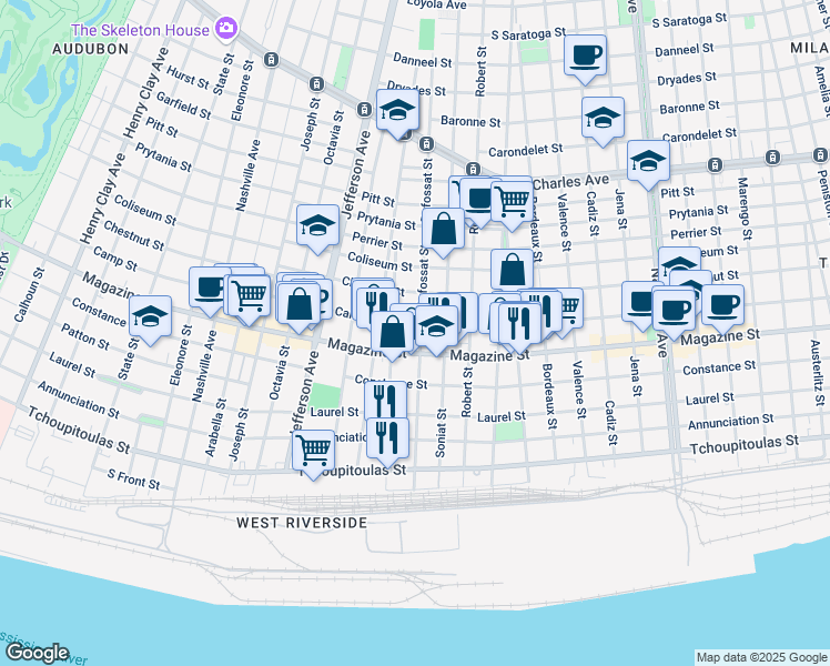 map of restaurants, bars, coffee shops, grocery stores, and more near 5201 Magazine Street in New Orleans