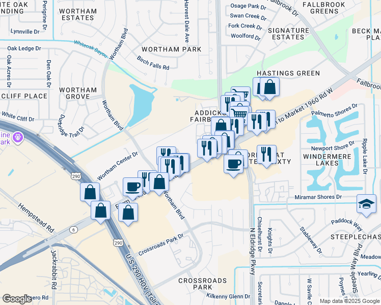 map of restaurants, bars, coffee shops, grocery stores, and more near 10225 Wortham Boulevard in Houston