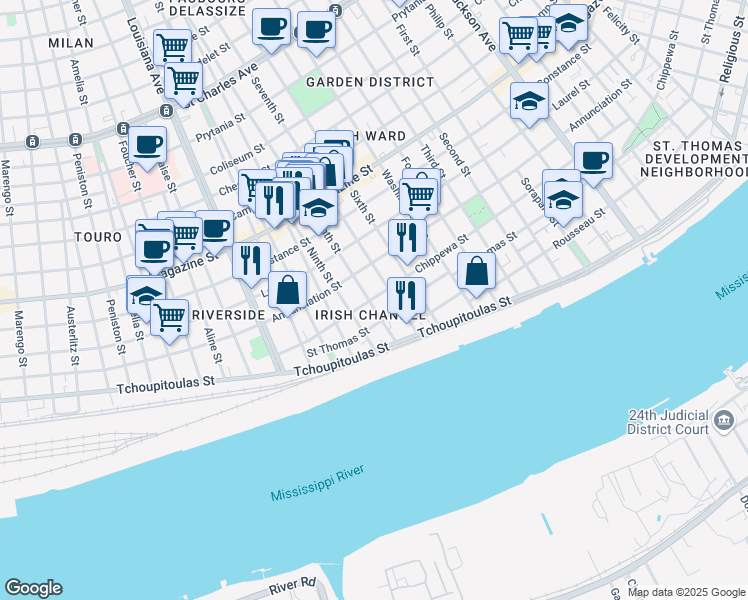 map of restaurants, bars, coffee shops, grocery stores, and more near in New Orleans