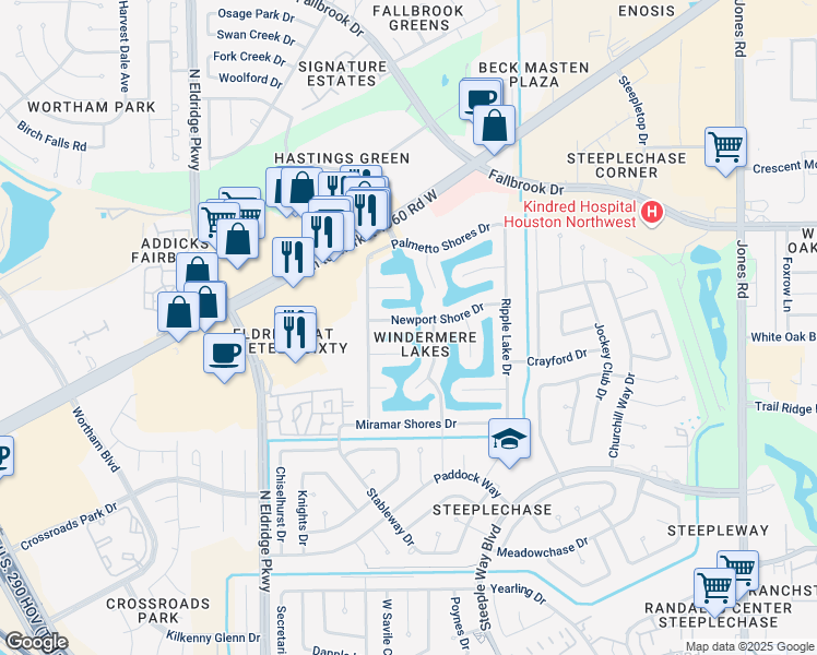map of restaurants, bars, coffee shops, grocery stores, and more near 12006 Flamingo Lakes Court in Houston