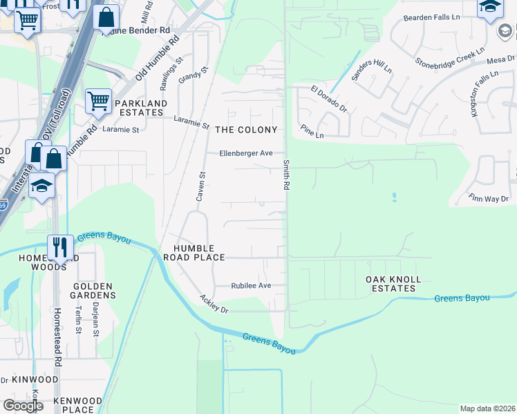 map of restaurants, bars, coffee shops, grocery stores, and more near 13935 Smith Road in Humble