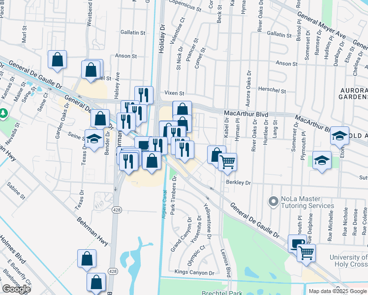 map of restaurants, bars, coffee shops, grocery stores, and more near 4150 General De Gaulle Drive in New Orleans