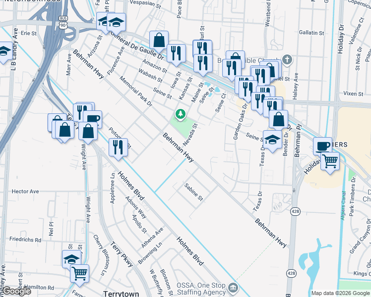 map of restaurants, bars, coffee shops, grocery stores, and more near 3104 Behrman Highway in New Orleans