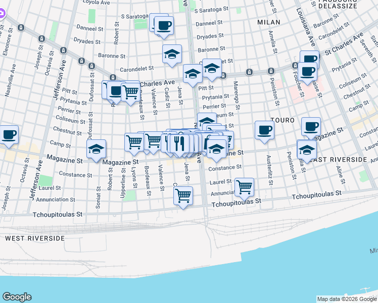 map of restaurants, bars, coffee shops, grocery stores, and more near 913 Jena Street in New Orleans