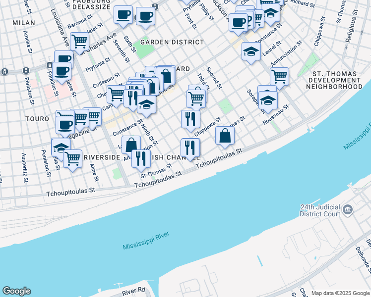 map of restaurants, bars, coffee shops, grocery stores, and more near 425 Seventh Street in New Orleans