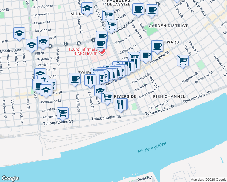 map of restaurants, bars, coffee shops, grocery stores, and more near 901 Aline Street in New Orleans