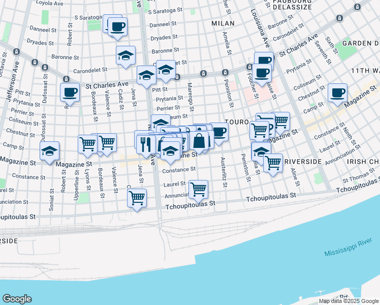map of restaurants, bars, coffee shops, grocery stores, and more near 821 Milan Street in New Orleans