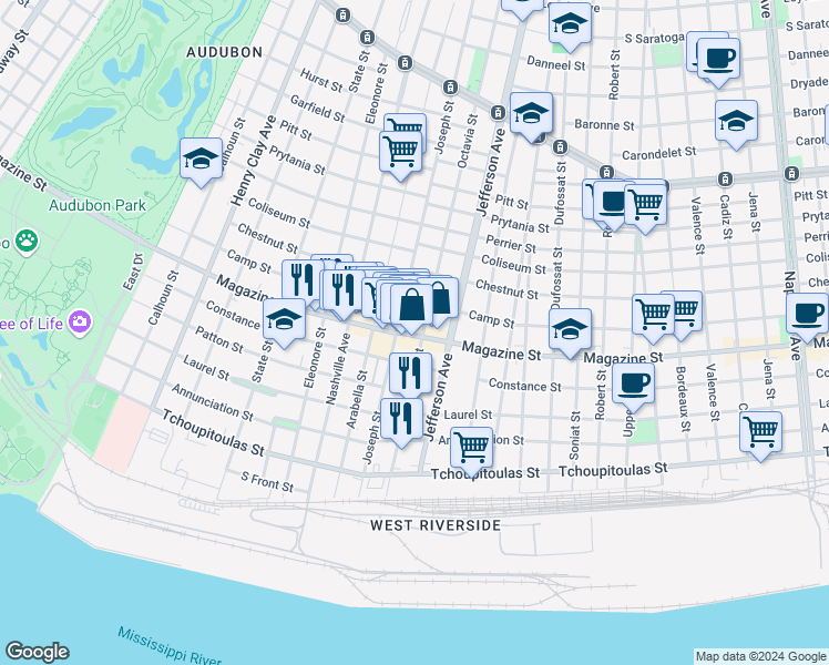 map of restaurants, bars, coffee shops, grocery stores, and more near 711 Joseph Street in New Orleans