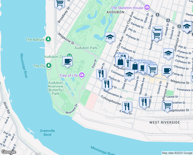 map of restaurants, bars, coffee shops, grocery stores, and more near 6321 Annunciation Street in New Orleans