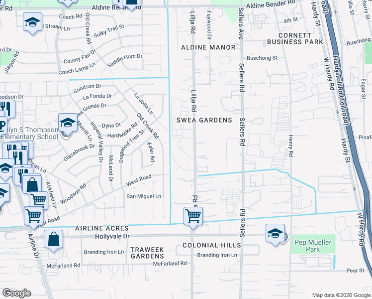 map of restaurants, bars, coffee shops, grocery stores, and more near 15043 Lillja Road in Houston