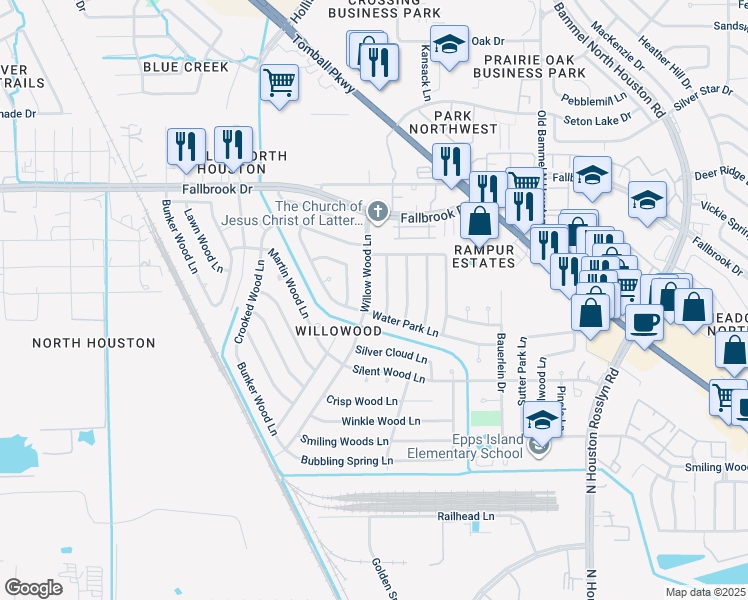 map of restaurants, bars, coffee shops, grocery stores, and more near 7627 Water Park Lane in Houston