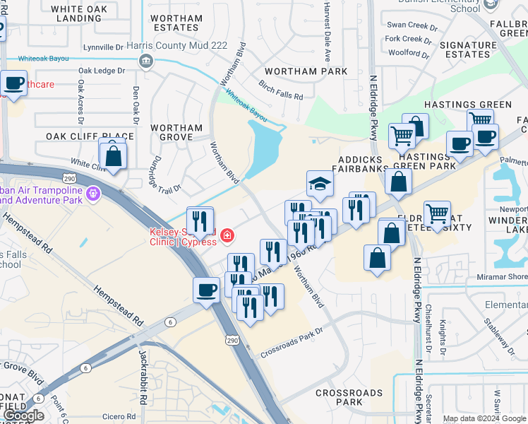 map of restaurants, bars, coffee shops, grocery stores, and more near Wortham Boulevard in Houston