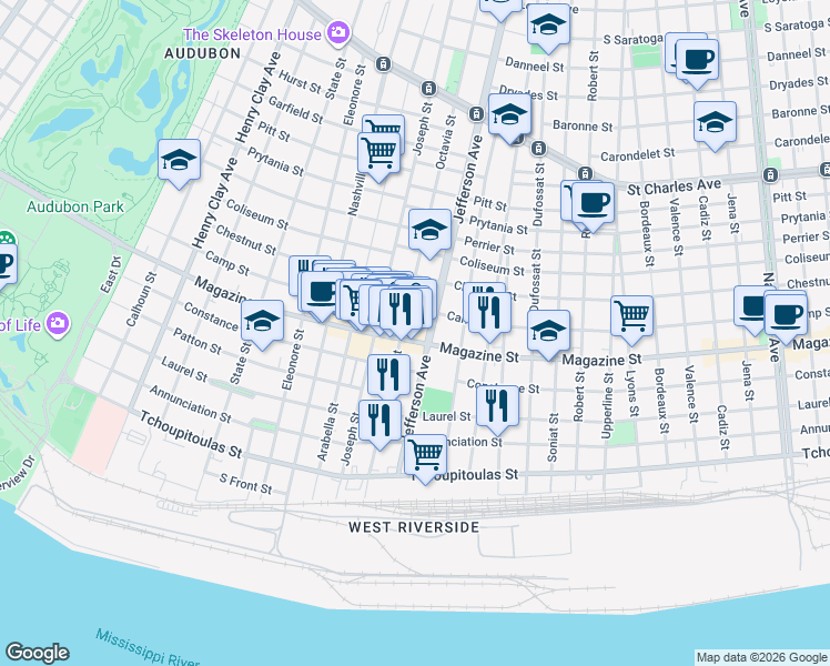map of restaurants, bars, coffee shops, grocery stores, and more near 824 Jefferson Avenue in New Orleans