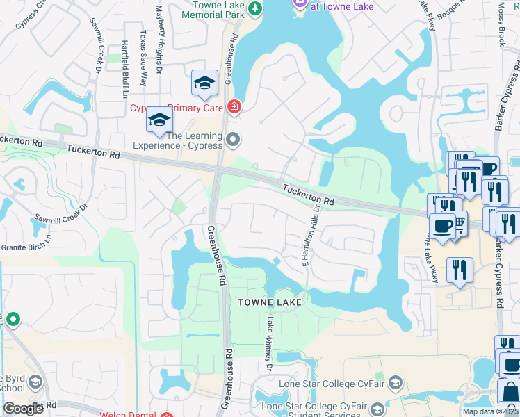 map of restaurants, bars, coffee shops, grocery stores, and more near 9823 Primrose Park Lane in Cypress