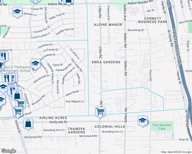 map of restaurants, bars, coffee shops, grocery stores, and more near 15043 Lillja Road in Houston