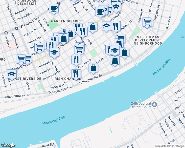 map of restaurants, bars, coffee shops, grocery stores, and more near 513 Fourth Street in New Orleans