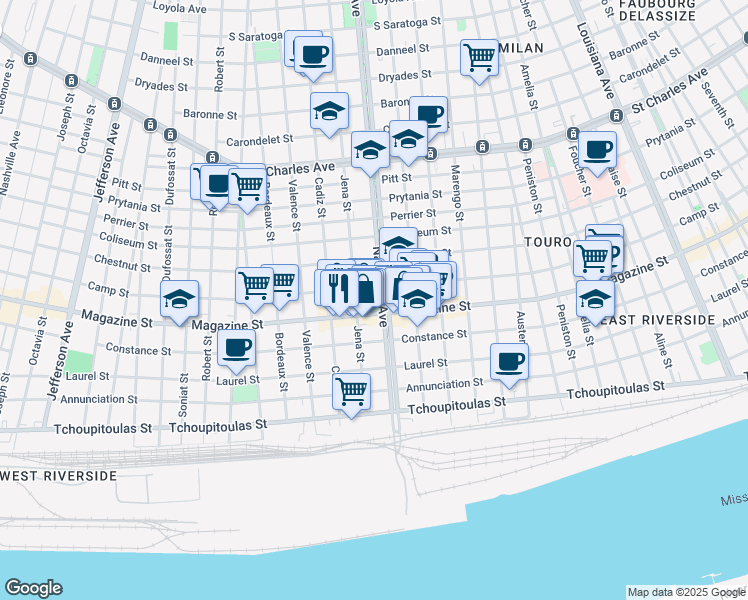 map of restaurants, bars, coffee shops, grocery stores, and more near 4401 Magazine Street in New Orleans