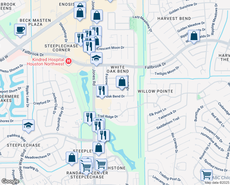 map of restaurants, bars, coffee shops, grocery stores, and more near 10907 Indian Ledge Drive in Houston