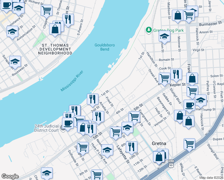 map of restaurants, bars, coffee shops, grocery stores, and more near in Gretna