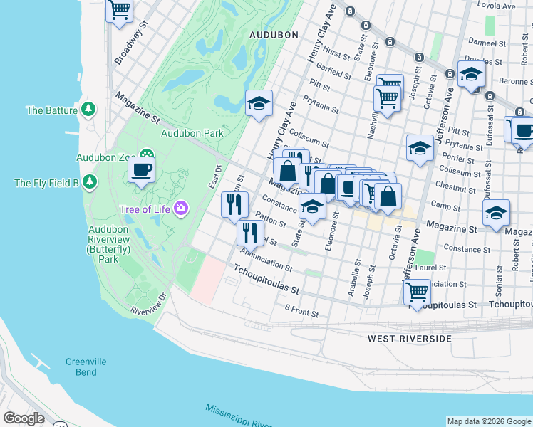 map of restaurants, bars, coffee shops, grocery stores, and more near 604 Webster Street in New Orleans