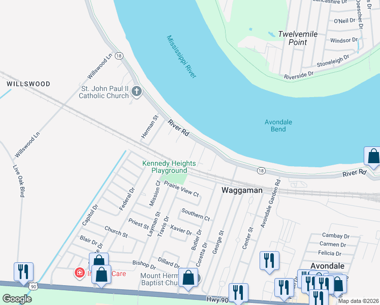 map of restaurants, bars, coffee shops, grocery stores, and more near 6533 River Road in Westwego