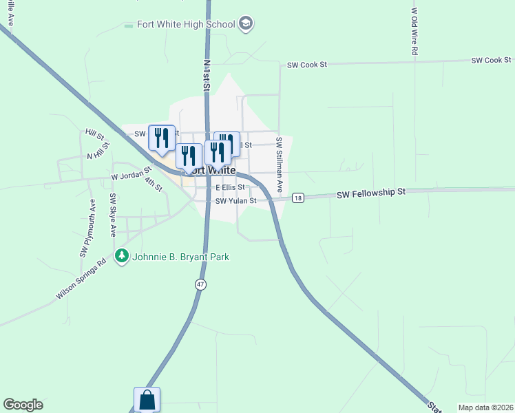 map of restaurants, bars, coffee shops, grocery stores, and more near 114 Southwest Dorinda Way in Fort White