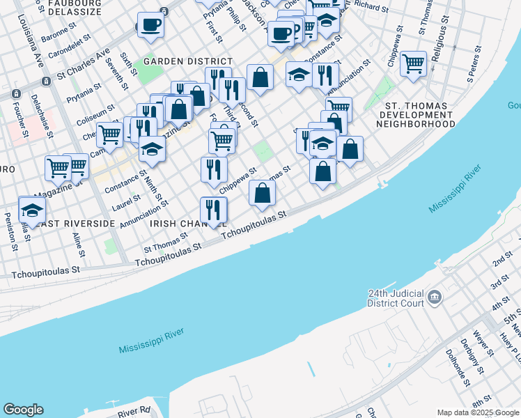 map of restaurants, bars, coffee shops, grocery stores, and more near 513 Fourth Street in New Orleans