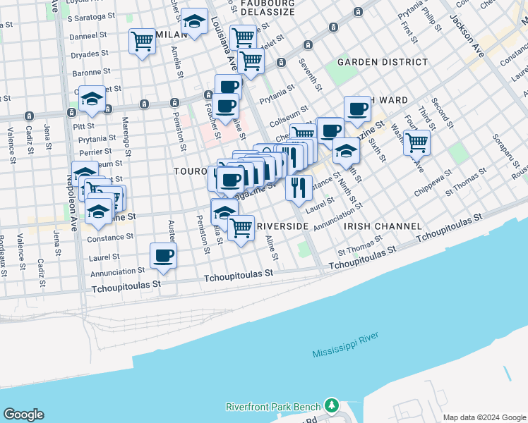 map of restaurants, bars, coffee shops, grocery stores, and more near 1018 Delachaise Street in New Orleans