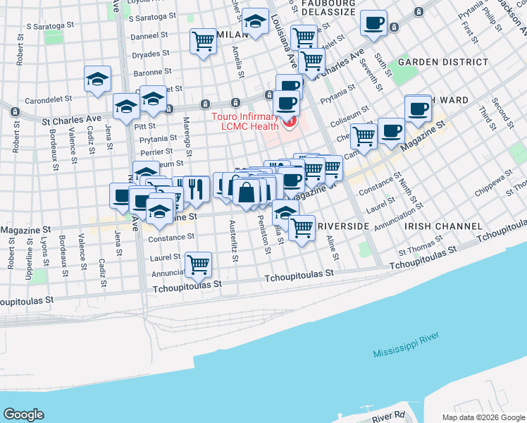 map of restaurants, bars, coffee shops, grocery stores, and more near 922 Peniston Street in New Orleans