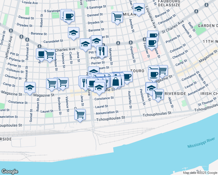 map of restaurants, bars, coffee shops, grocery stores, and more near 4135 Camp Street in New Orleans
