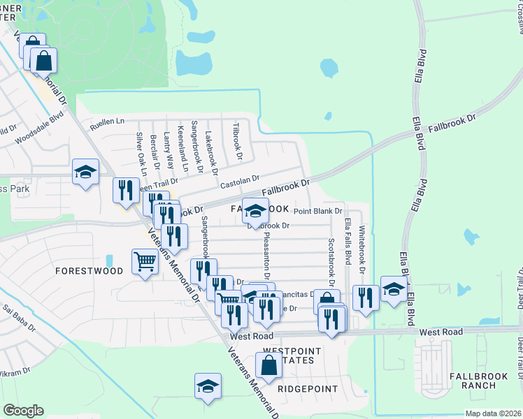 map of restaurants, bars, coffee shops, grocery stores, and more near 1027 Fallbrook Drive in Houston