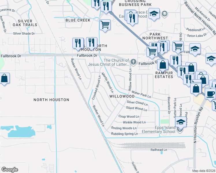 map of restaurants, bars, coffee shops, grocery stores, and more near 7755 Water Park Lane in Houston
