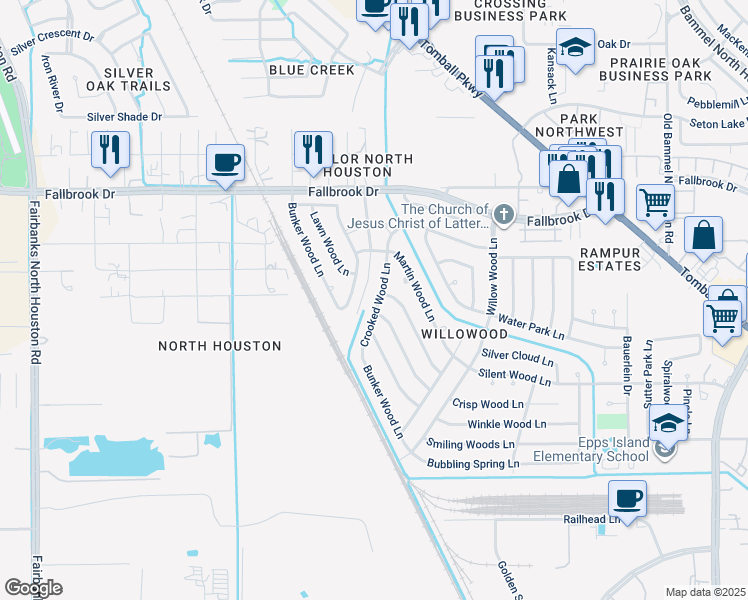 map of restaurants, bars, coffee shops, grocery stores, and more near 9534 Rumbling Wood Lane in Houston