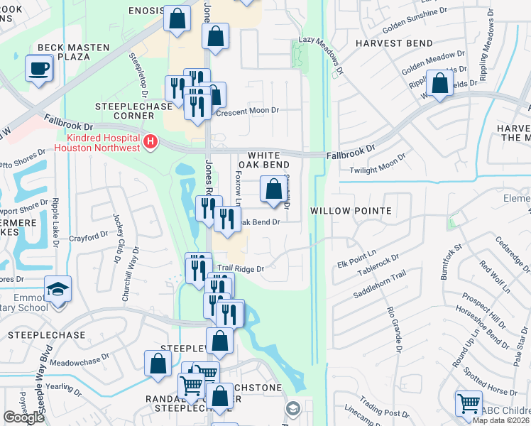map of restaurants, bars, coffee shops, grocery stores, and more near 10907 Birdhill Circle in Houston