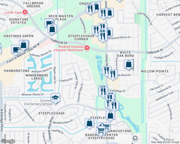 map of restaurants, bars, coffee shops, grocery stores, and more near 10134 Chiselhurst Way in Houston