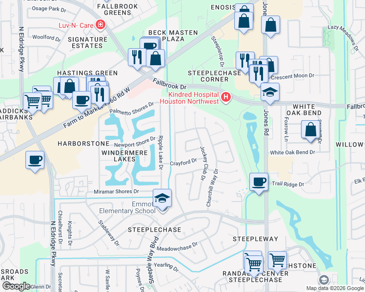 map of restaurants, bars, coffee shops, grocery stores, and more near 11418 High Bridge Court in Houston