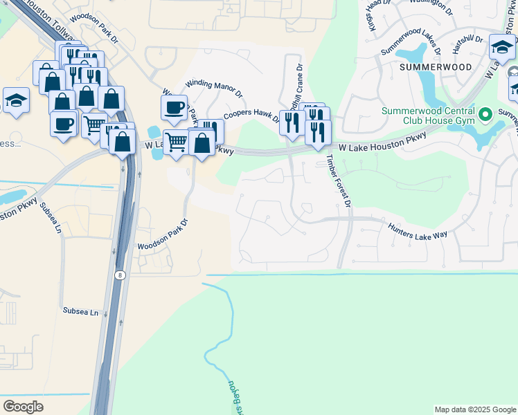 map of restaurants, bars, coffee shops, grocery stores, and more near 13714 Kingston River Lane in Houston