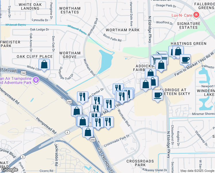 map of restaurants, bars, coffee shops, grocery stores, and more near Wortham Center Drive in Houston